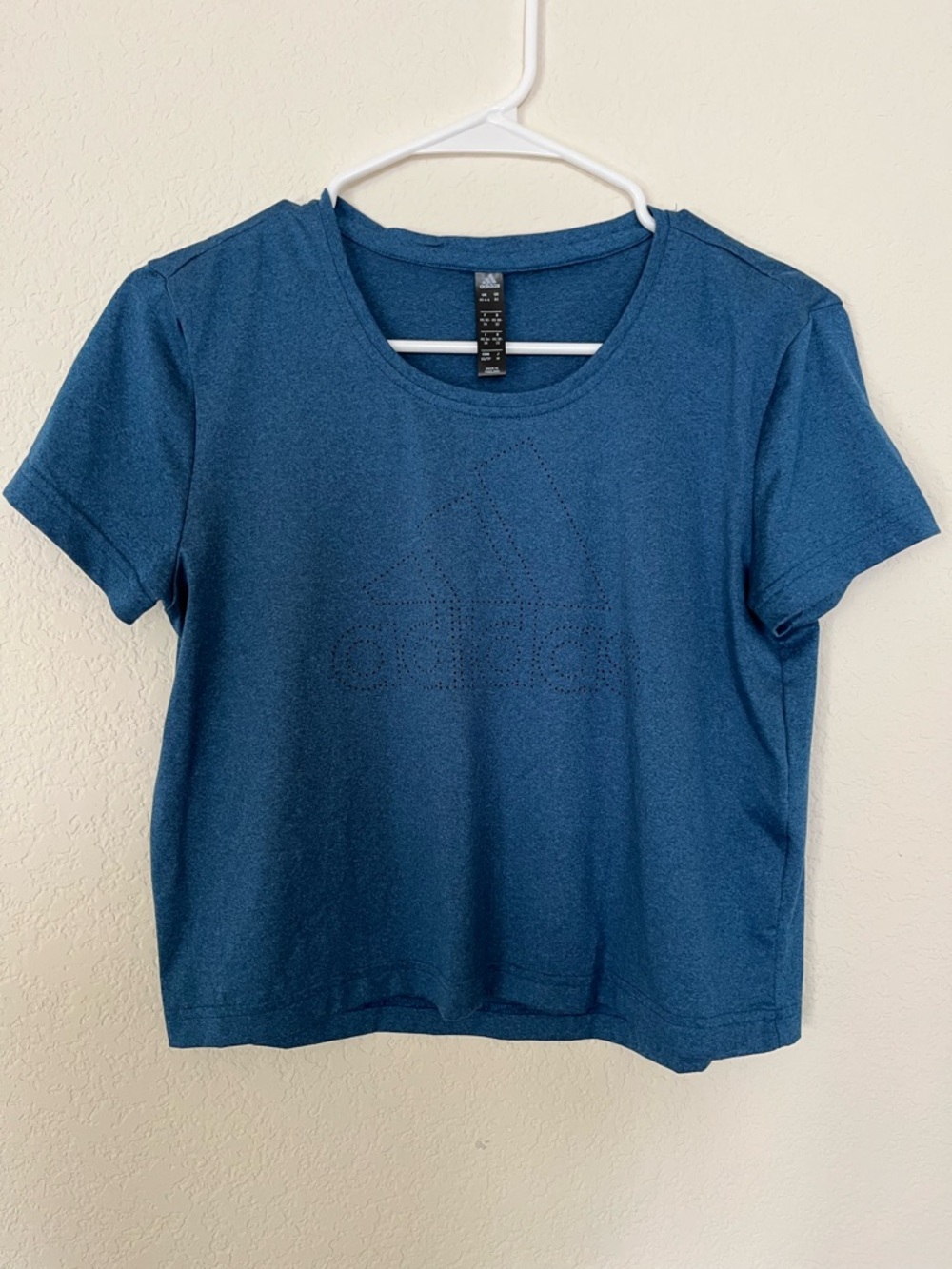 adidas Heathered Blue Cropped Short Sleeve Performance Tee